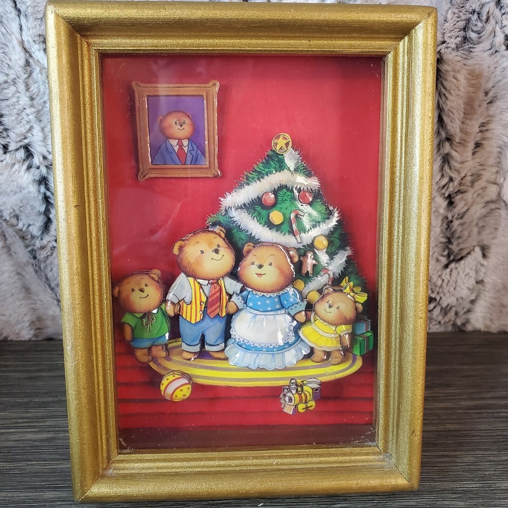 Teddy Bear Family 3-Dimensional Christmas Wall Decoration 6" X 8" - Gold Wood